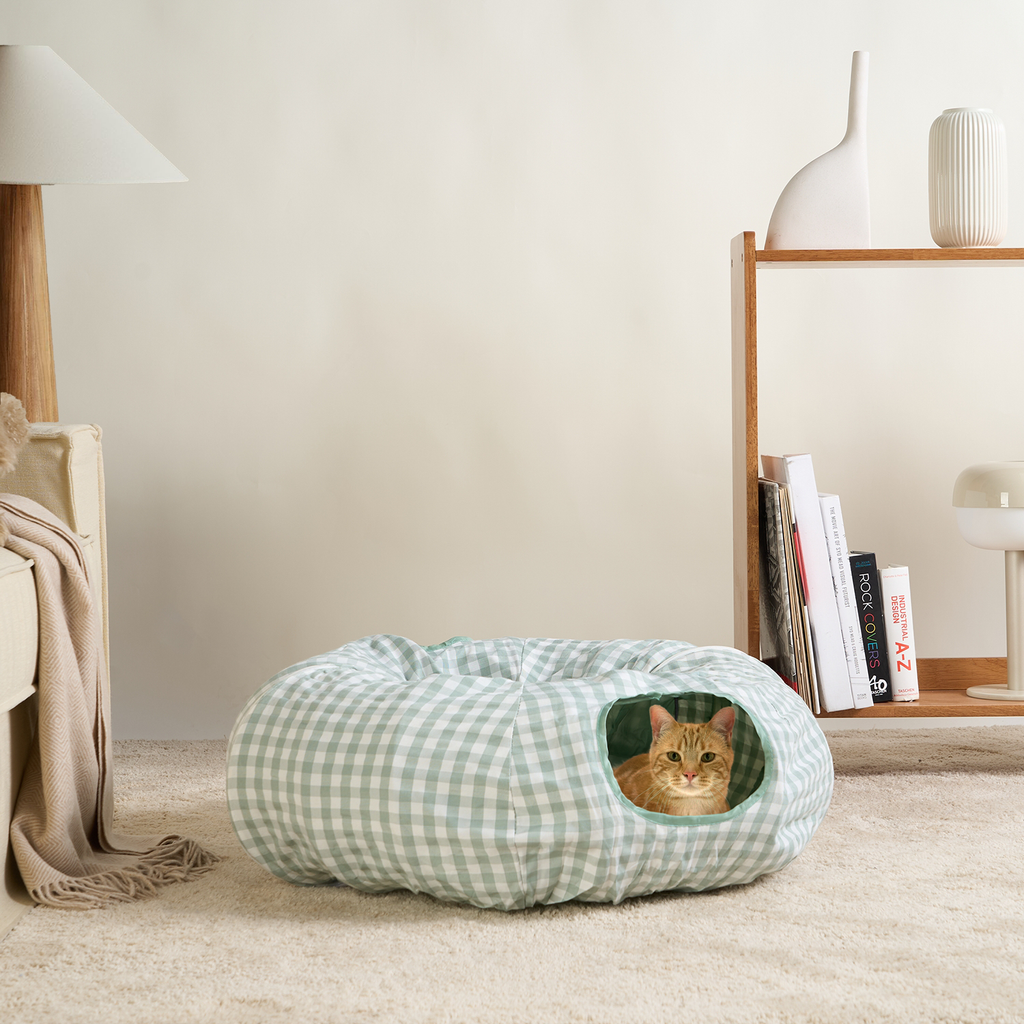 Tartan Foldaway Cat Tunnel & Bed – Cozy, Durable, and Interactive
