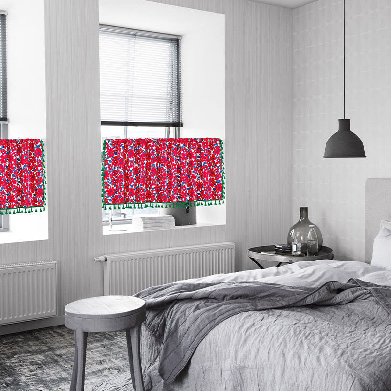 Red Flower Print Tassel Tier Curtain in Cotton Linen