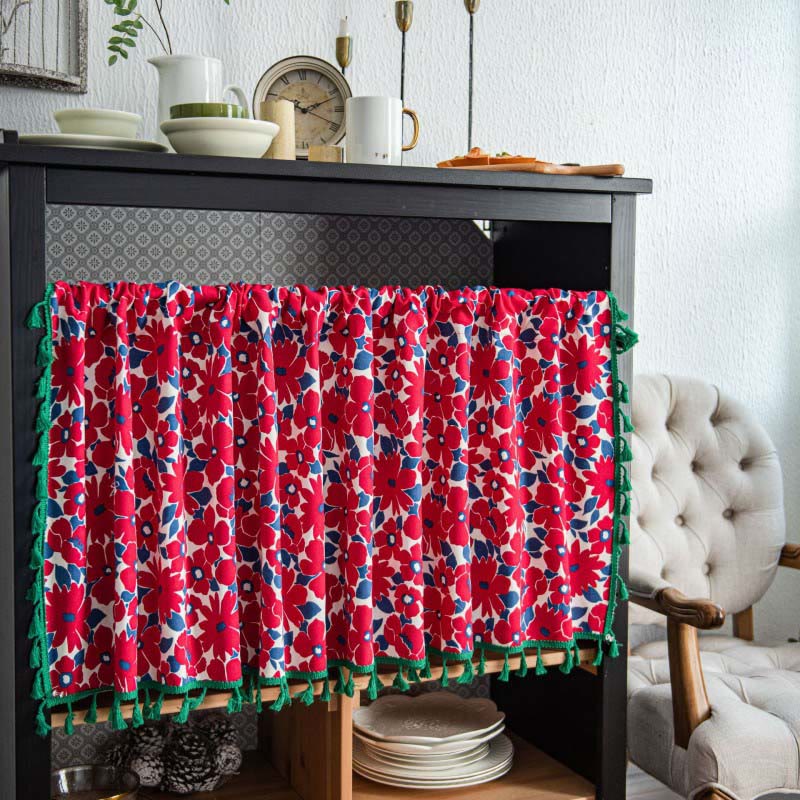 Red Flower Print Tassel Tier Curtain in Cotton Linen