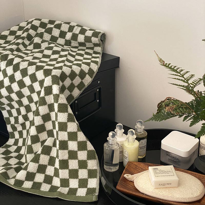 Checkerboard Plaid Colorblock Cotton Bath Towel Set