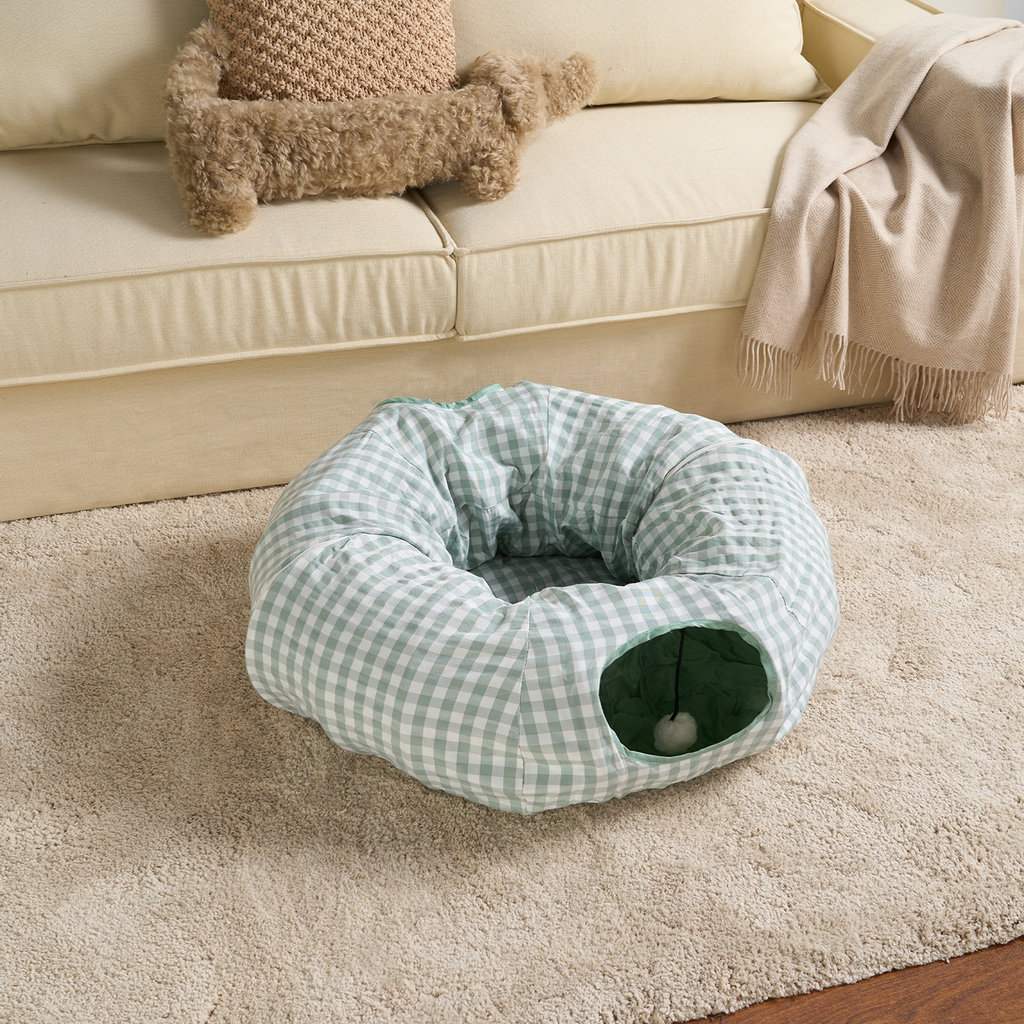 Tartan Foldaway Cat Tunnel & Bed – Cozy, Durable, and Interactive