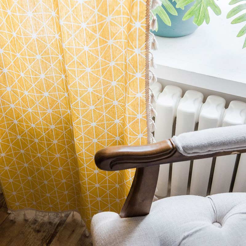 Yellow Plaid Translucent Curtains with Tassels