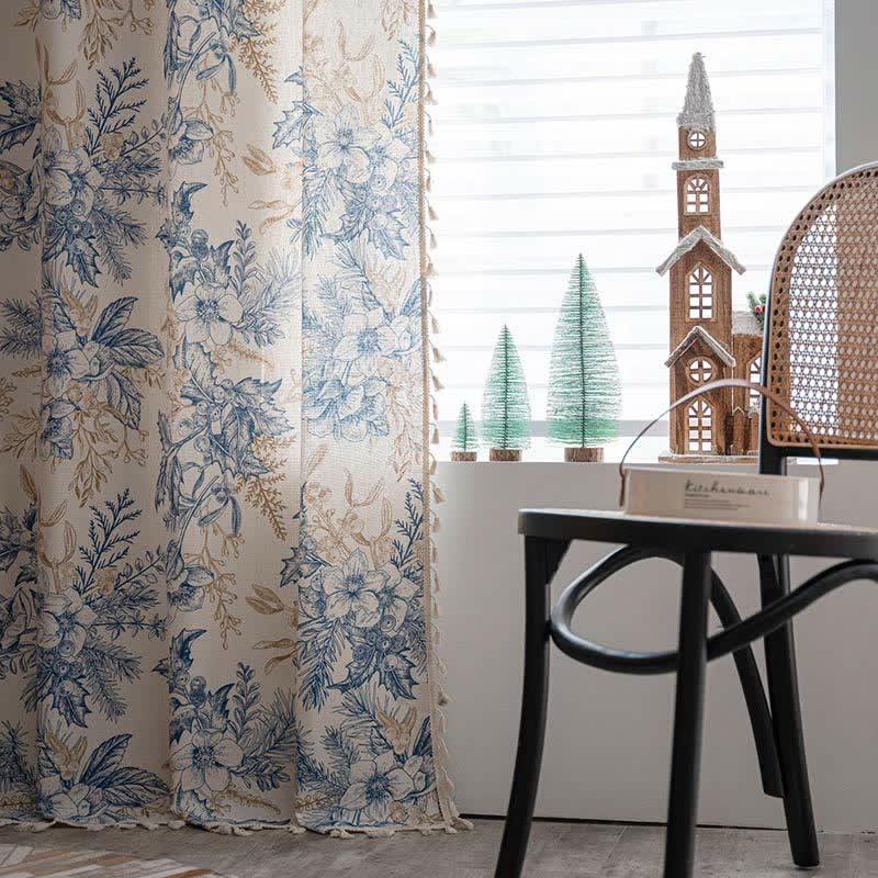 Blue Flower Pine Cotton Linen Light Filtering Curtain