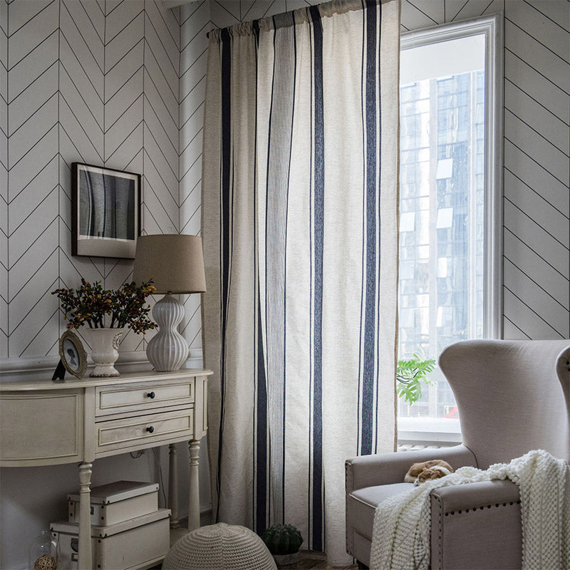 Navy & Beige Striped Semi-Blackout Cotton Curtains