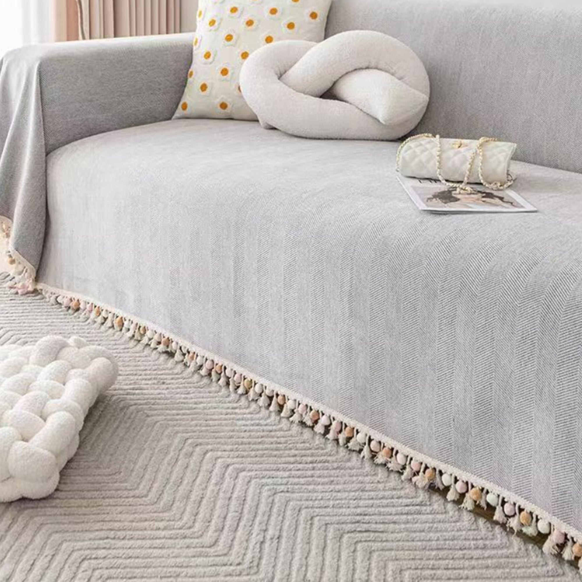 Pet Friendly Herringbone Tassel Luxe Sofa Cover - Modern, Stylish & Durable Sofa Protection