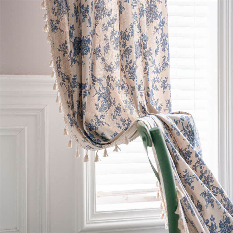 Retro Orchid Tassel Cotton Linen Light Filtering Curtain