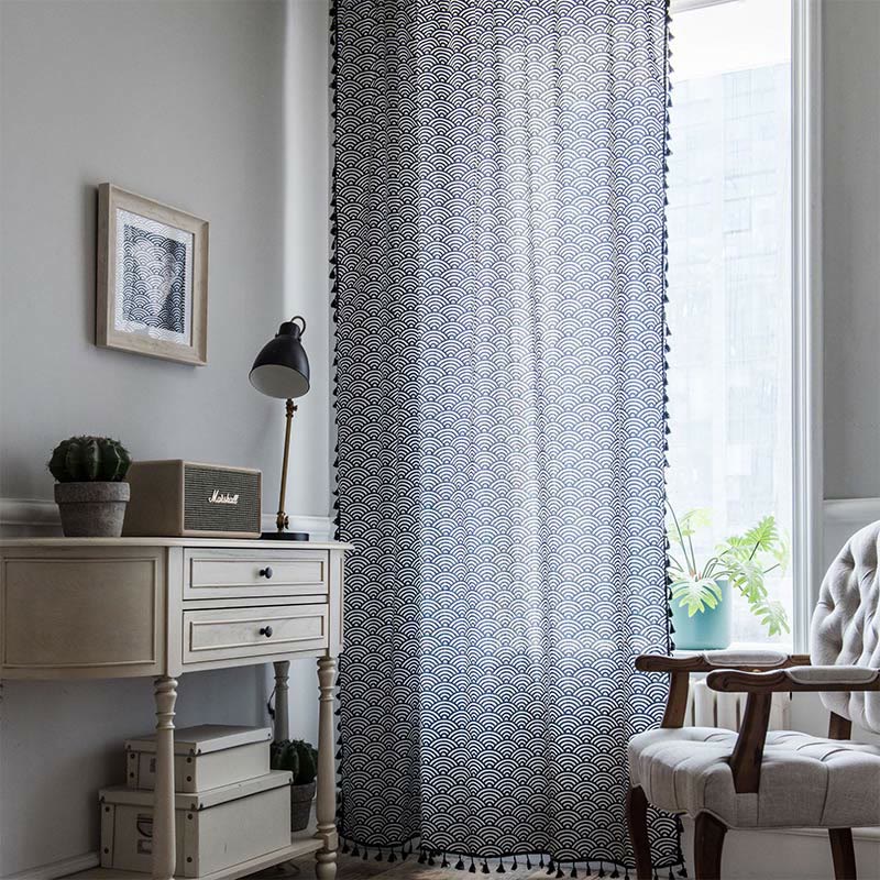 Fish Scale Semi Blockout Tassel Curtain in Navy Cotton