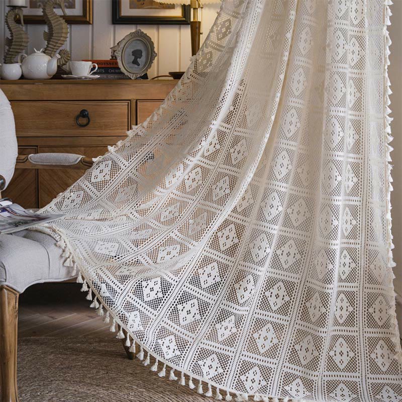 Rhombus Plaid Hollow-Out Decorative Curtain Polyester