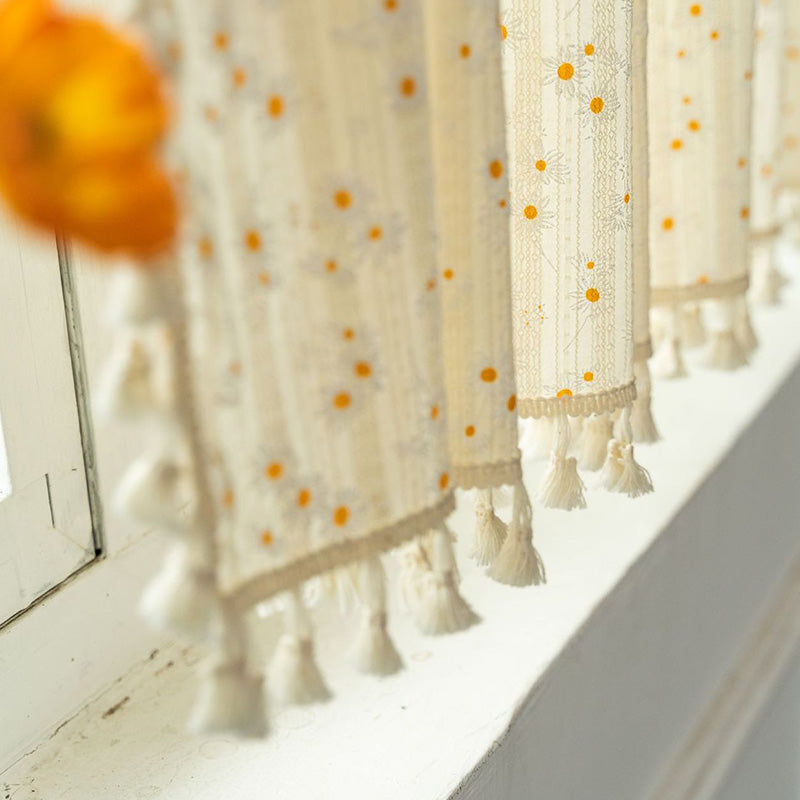 Beige Daisy Pattern Tier Curtain in Cotton Linen Fabric