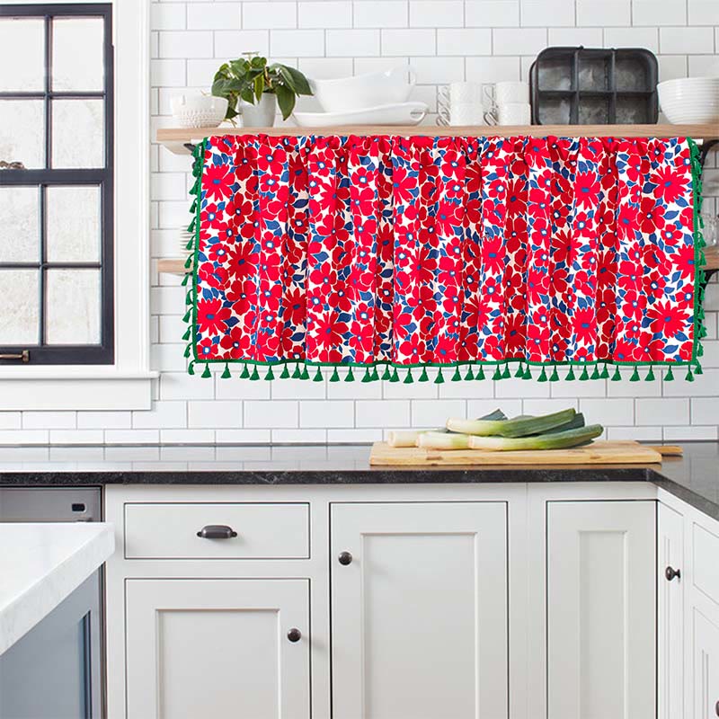 Red Flower Print Tassel Tier Curtain in Cotton Linen