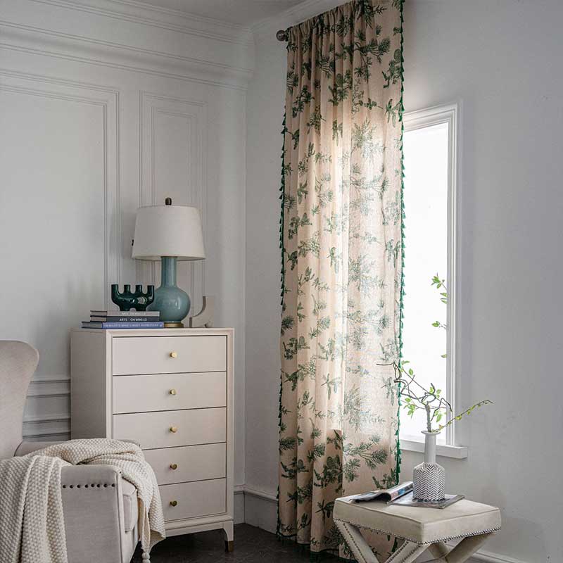 Green Pine Bird Pattern Tassel Curtain Bohemian Cotton Blend