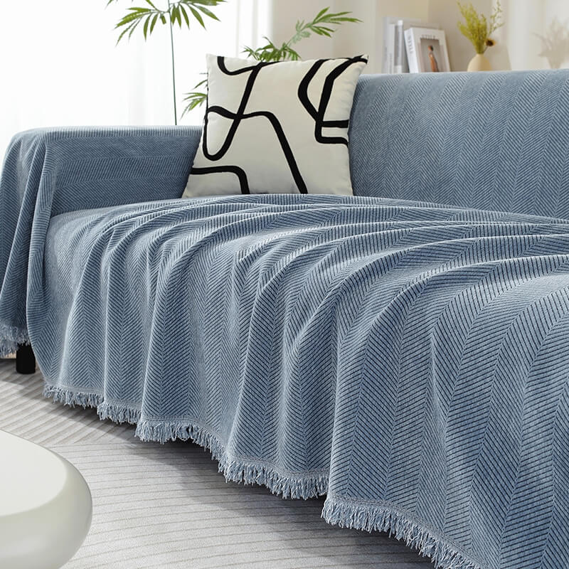 Chenille Blanket Herringbone Tassel Couch Cover Cozy Style