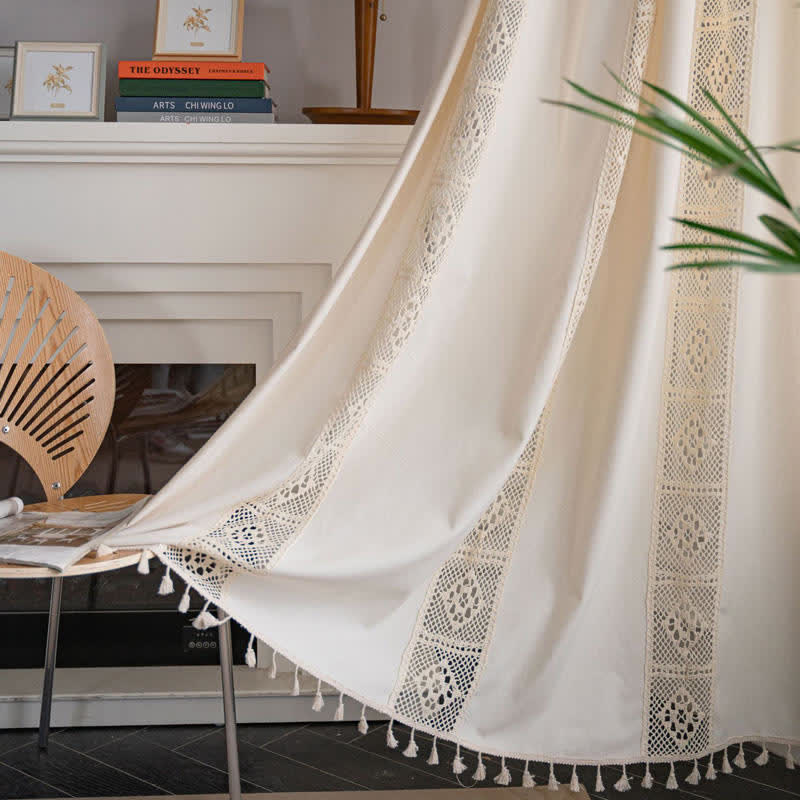 Beige Splicing Hollow-Out Light Filtering Curtain Set