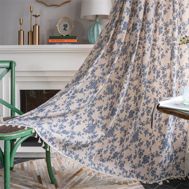 Retro Orchid Tassel Cotton Linen Light Filtering Curtain