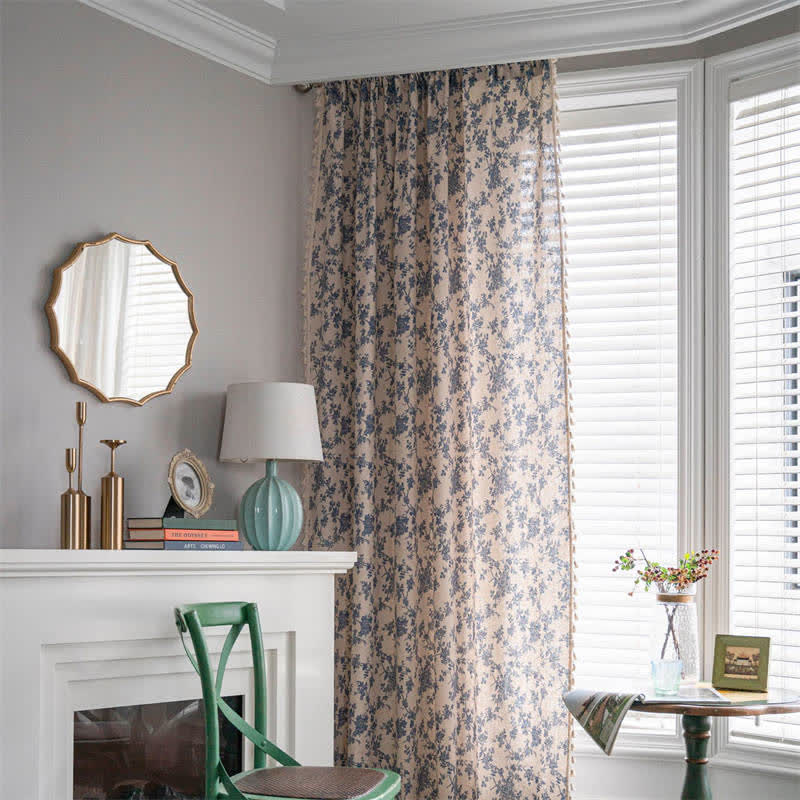 Retro Orchid Tassel Cotton Linen Light Filtering Curtain