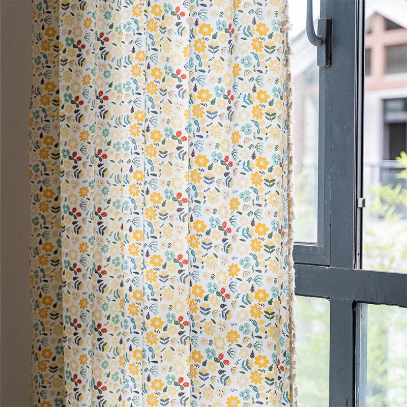 Yellow Flower Tassel Light Filtering Cotton Linen Curtain