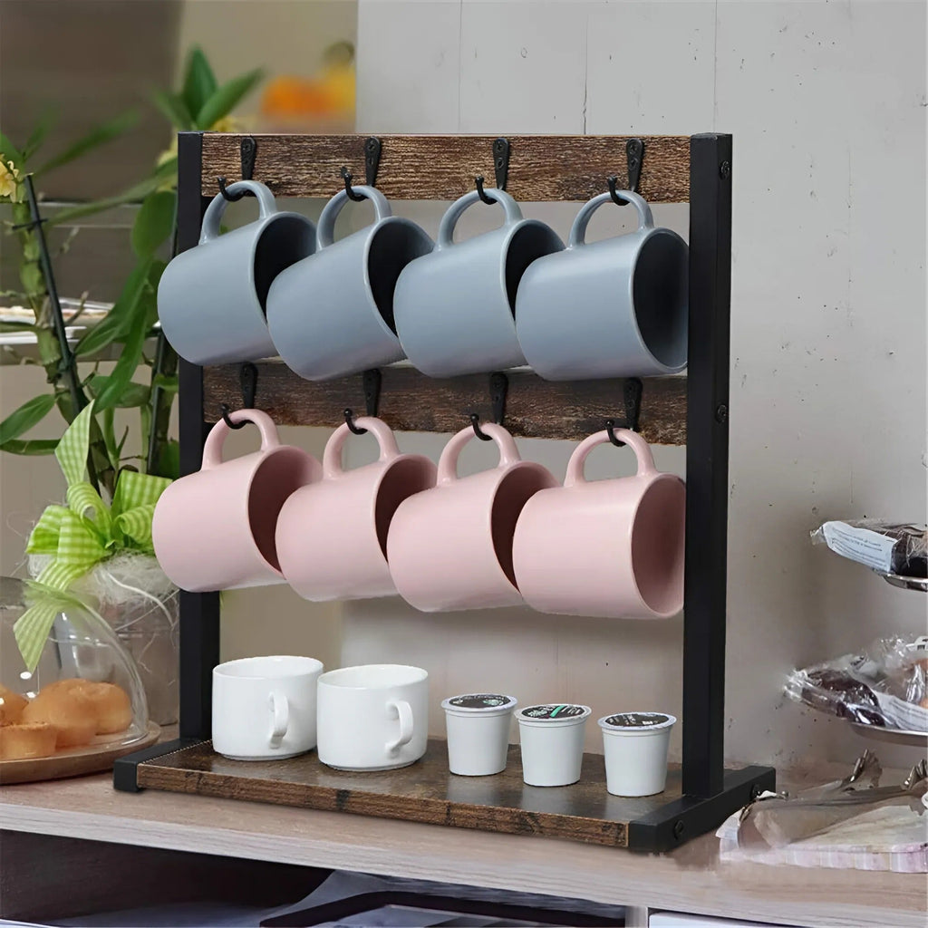 Vintage Wooden Coffee Mug Stand with 16 Hooks and 2-Tier Design