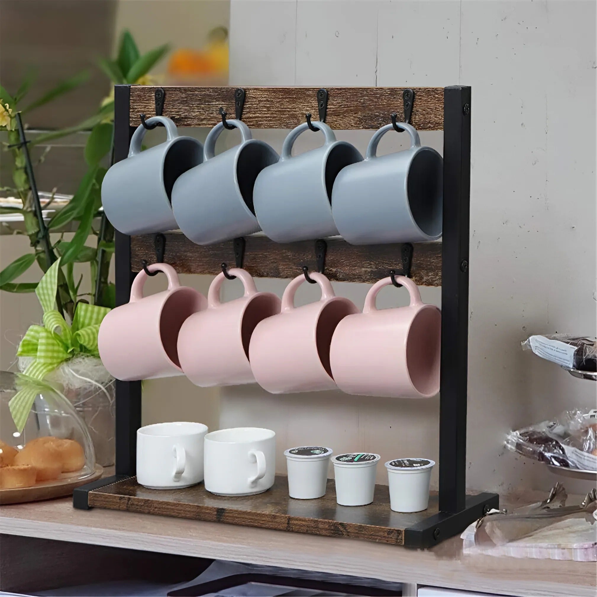 Vintage Wooden Coffee Mug Stand with 16 Hooks and 2-Tier Design