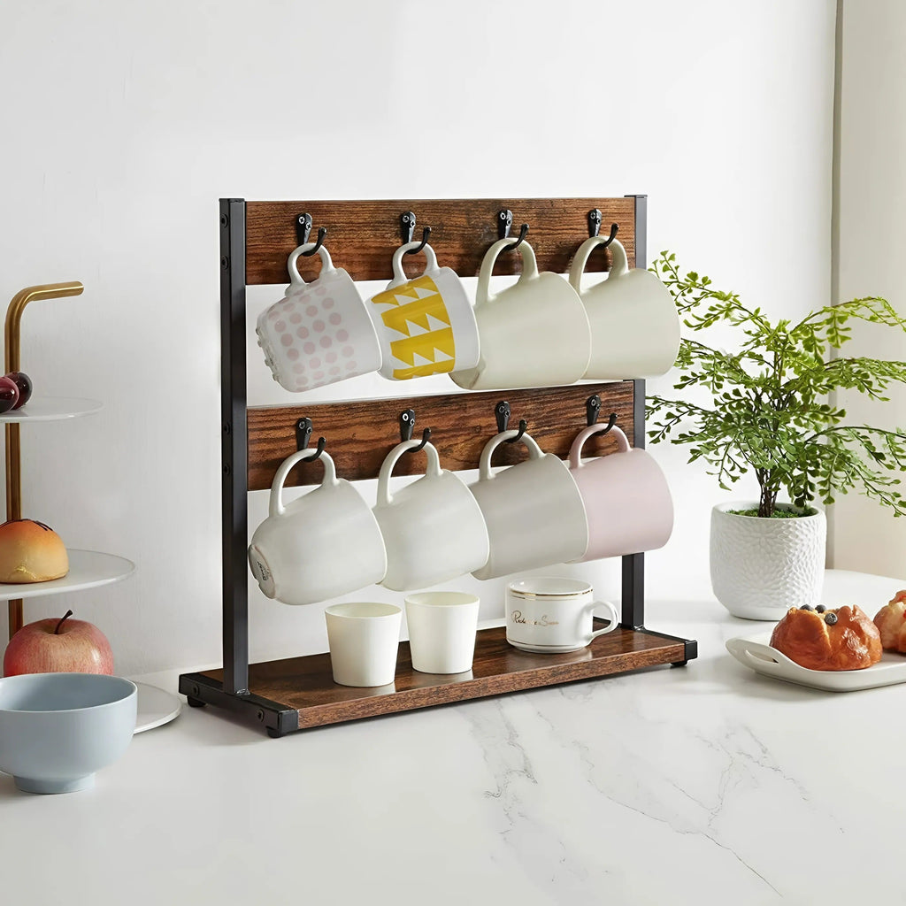 Vintage Wooden Coffee Mug Stand with 16 Hooks and 2-Tier Design