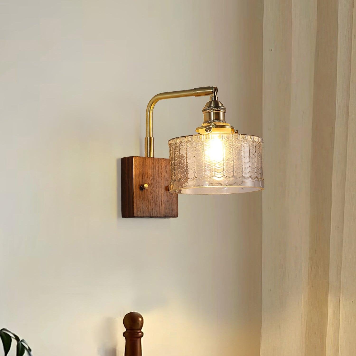 Rustic Green Glass Wall Light with Wooden Base