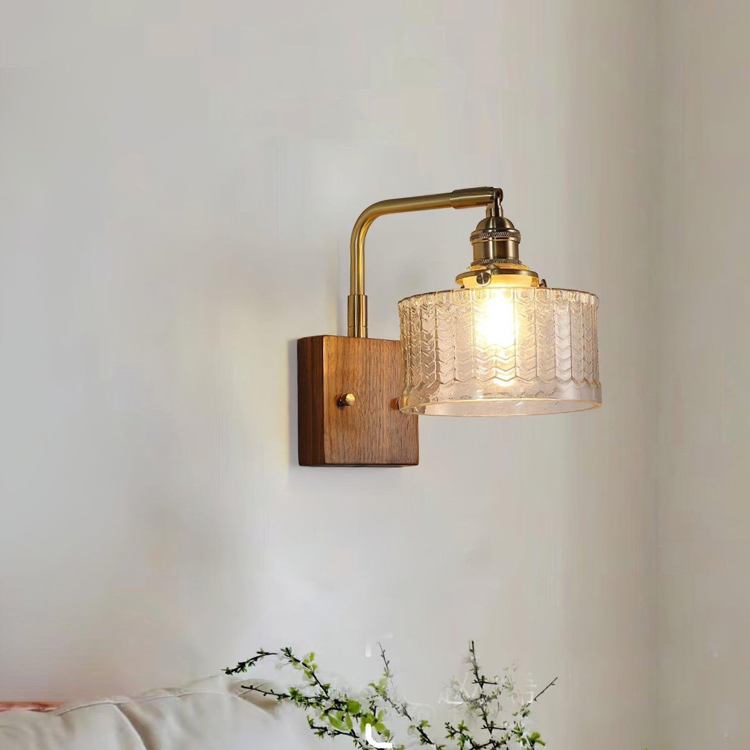 Rustic Green Glass Wall Light with Wooden Base