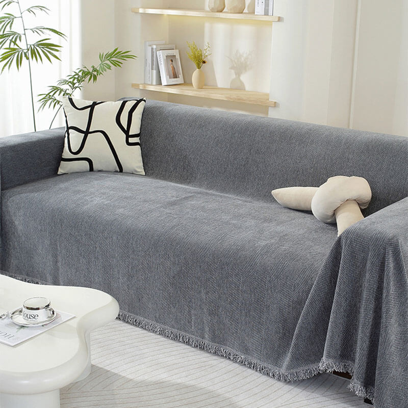 Chenille Blanket Herringbone Tassel Couch Cover Cozy Style