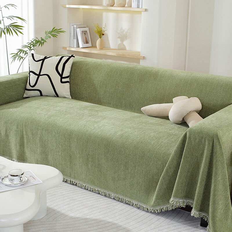 Chenille Blanket Herringbone Tassel Couch Cover Cozy Style