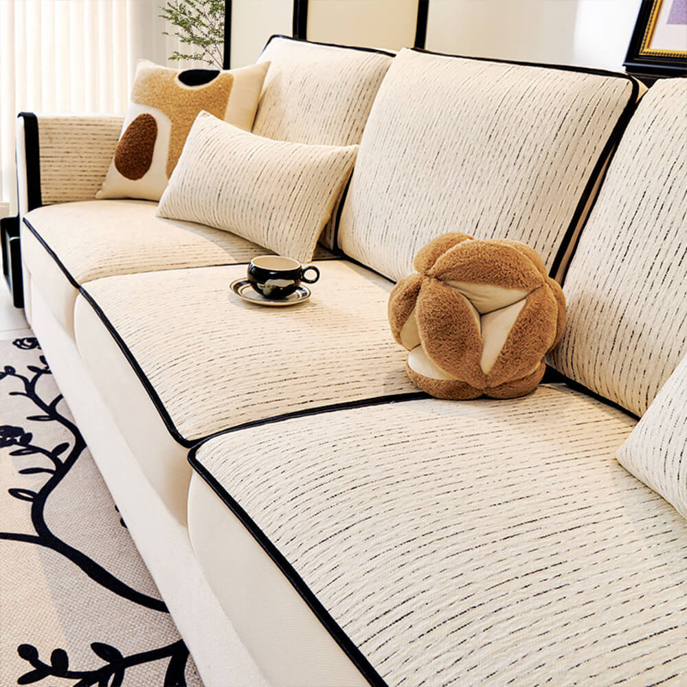 Linear Modern Stretch Chenille Full Wrap Couch Cover - Soft Durable Design