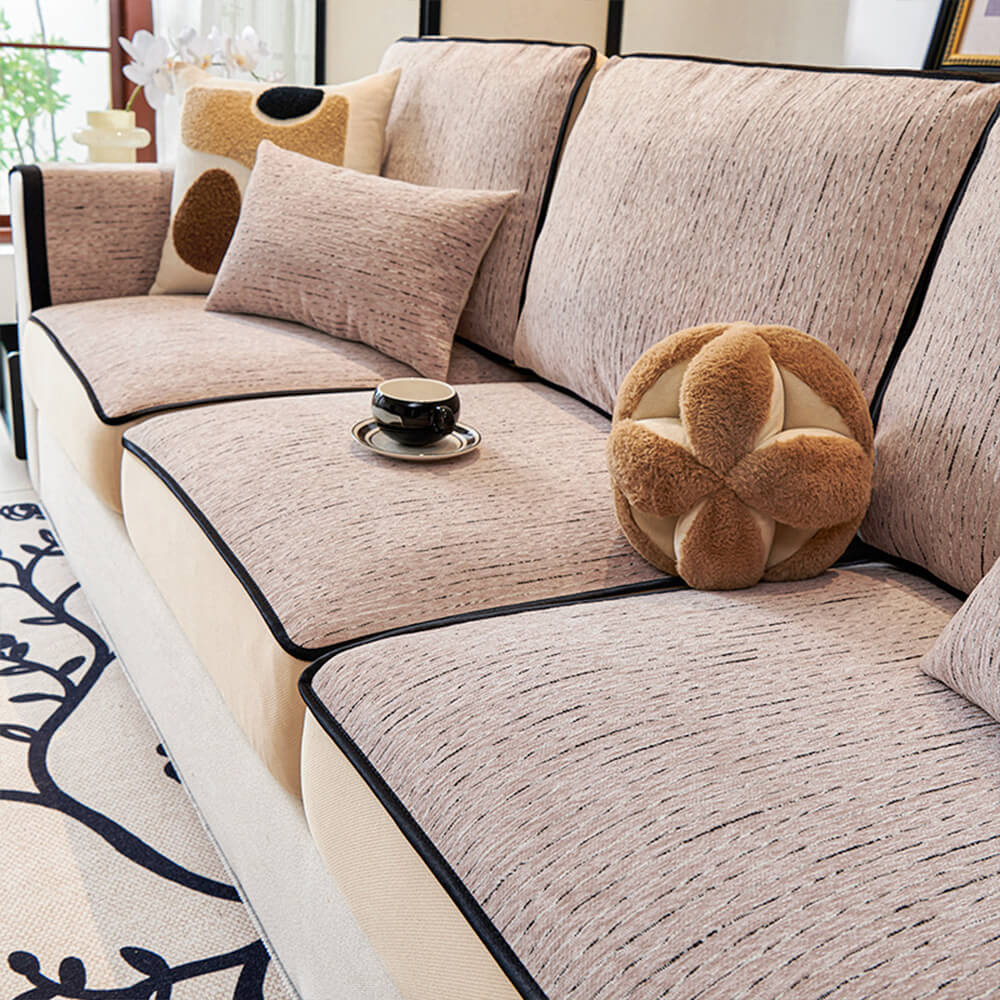 Linear Modern Stretch Chenille Full Wrap Couch Cover - Soft Durable Design