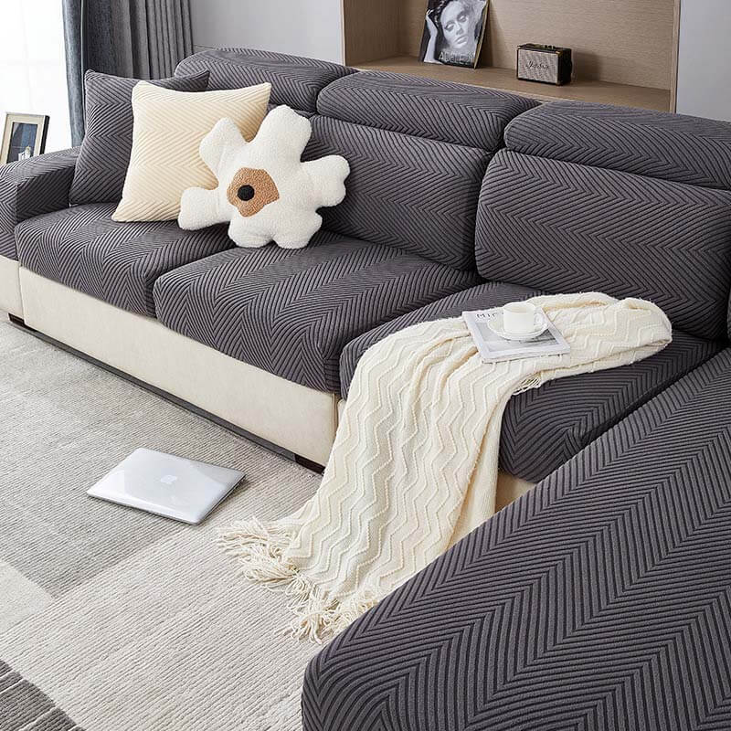 Fully Wrapped Herringbone Couch Cover in Durable Chenille
