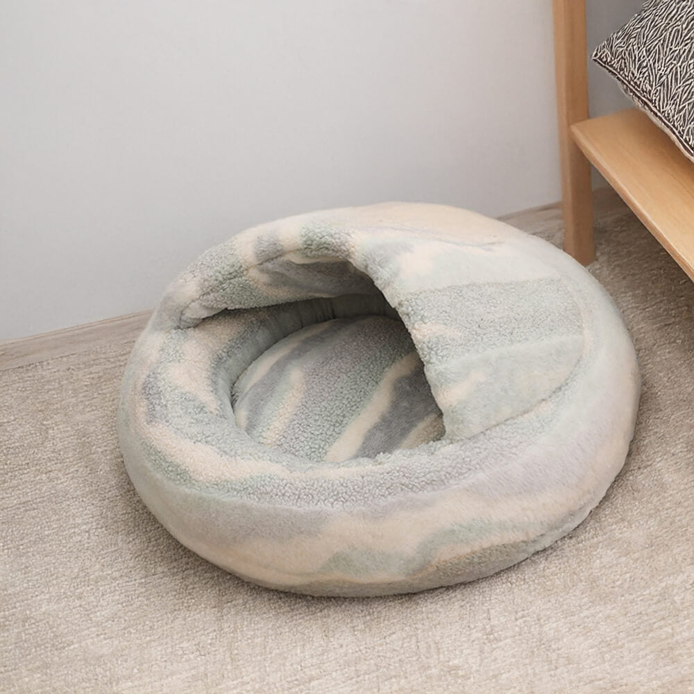 Marble-Striped Cave Bed Cozy Stylish Secure Plush Comfort