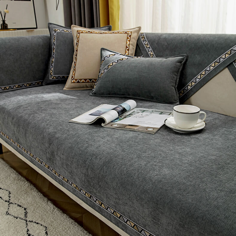 Geometric Decor Solid Color Chenille Non-Slip Couch Cover
