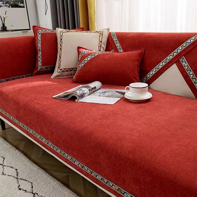 Geometric Decor Solid Color Chenille Non-Slip Couch Cover