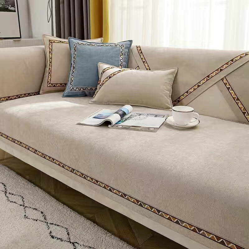 Geometric Decor Solid Color Chenille Non-Slip Couch Cover