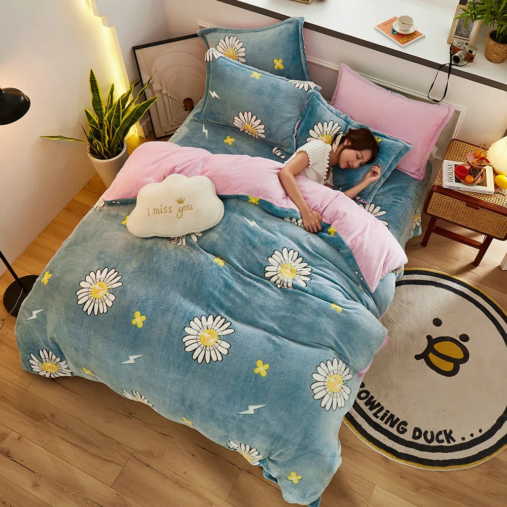 Thick Fleece Warm Flannel Winter Duvet Cover Set