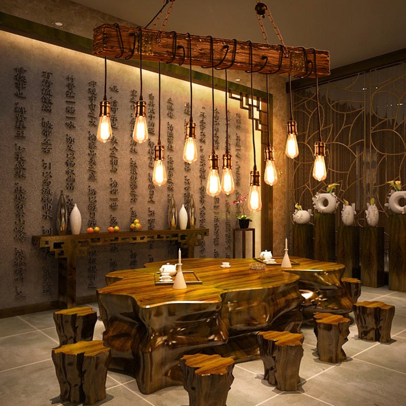 Loft Bar Chandelier - Industrial Vintage Wood & Metal LED Pendant Light for Living Rooms & Bars