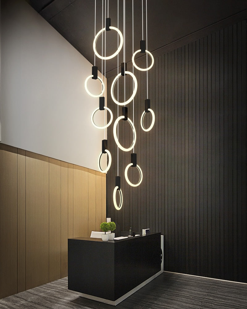 Halo LED Stair Chandelier – Modern Aluminum & Acrylic Hanging Light