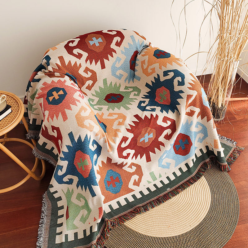 Color Block Checkerboard Fringe Trim Sofa Blanket Cover
