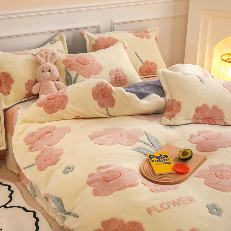 Thick Fleece Warm Flannel Winter Duvet Cover Set