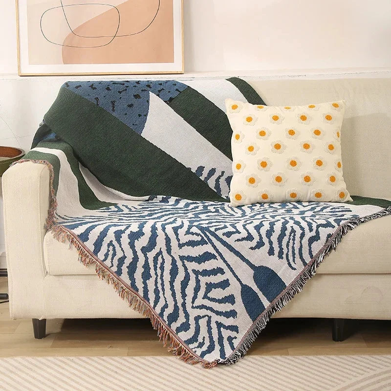 Woven Cotton-Blend Throw Blanket – Multi-Use with Tassel Detail