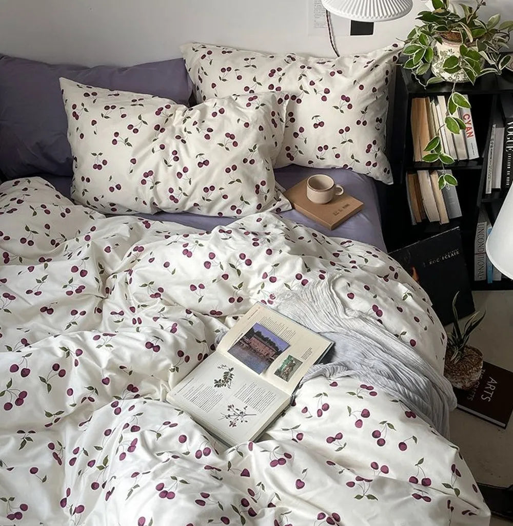 Heart / Cherry Print Bedding Set Duvet Cover Bed Sheets & Pillowcases