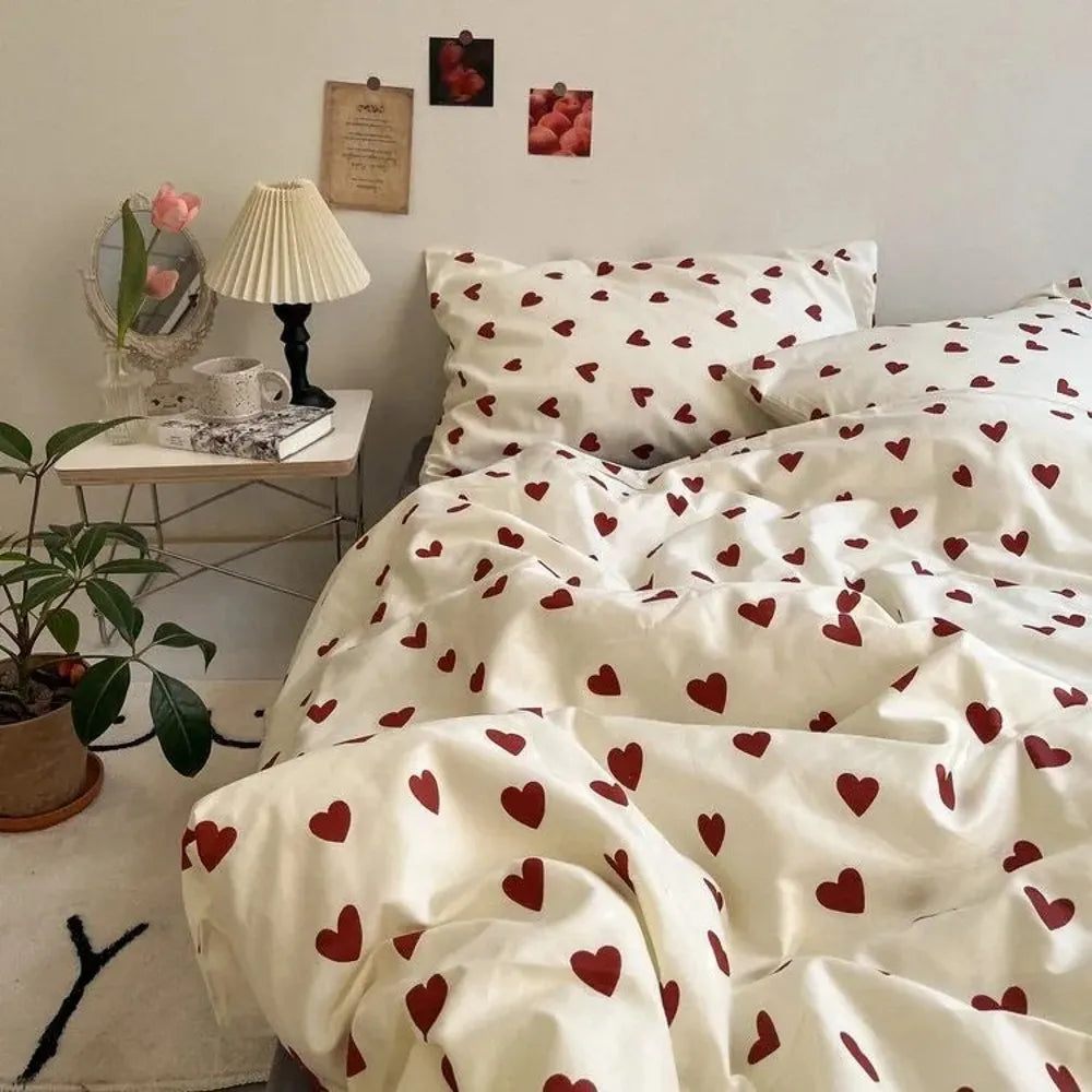 Heart / Cherry Print Bedding Set Duvet Cover Bed Sheets & Pillowcases
