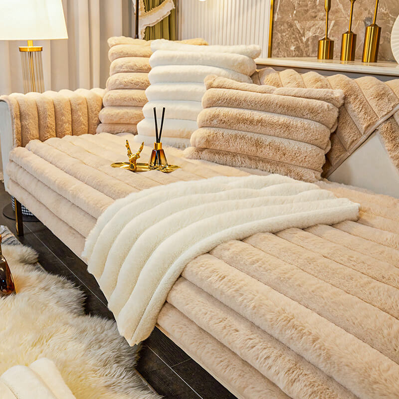 Striped Thickened Plush Non-slip Couch Cover for Comfort