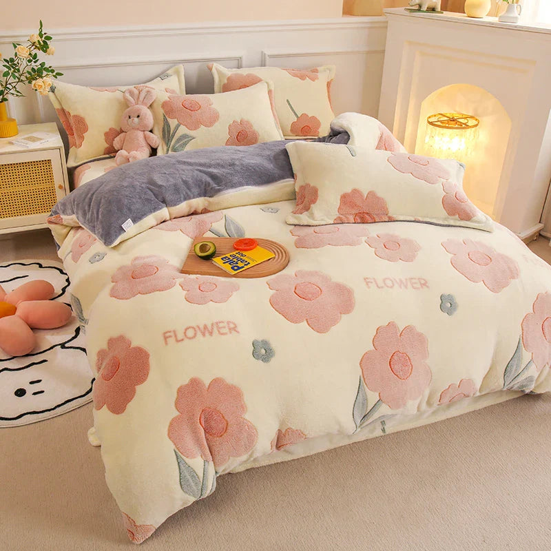 Thick Fleece Warm Flannel Winter Duvet Cover Set