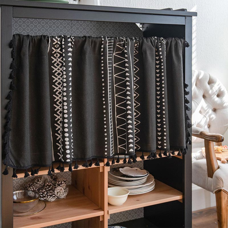 Black Pattern Tassel Tier Curtain
