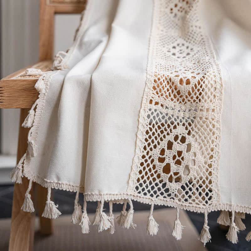 Beige Splicing Hollow-Out Light Filtering Curtain Set