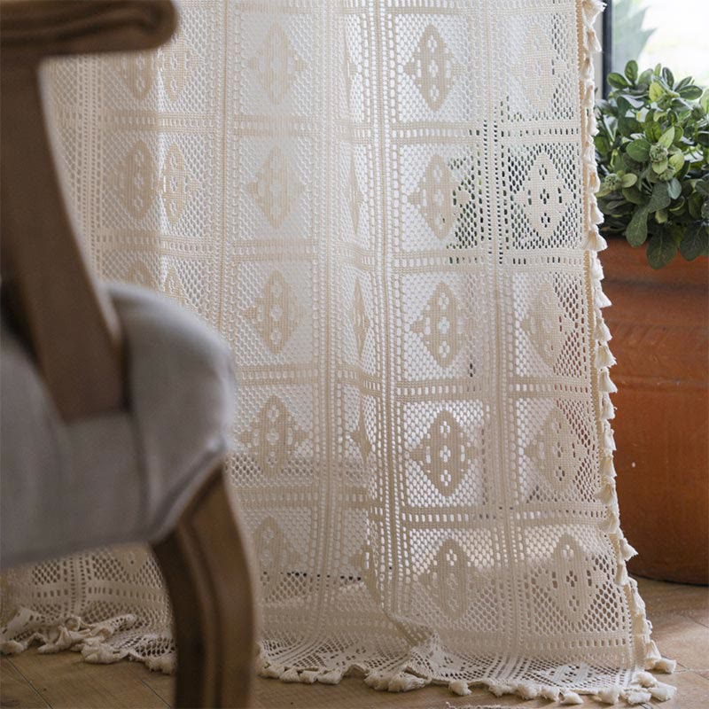 Rhombus Plaid Hollow-Out Decorative Curtain Polyester