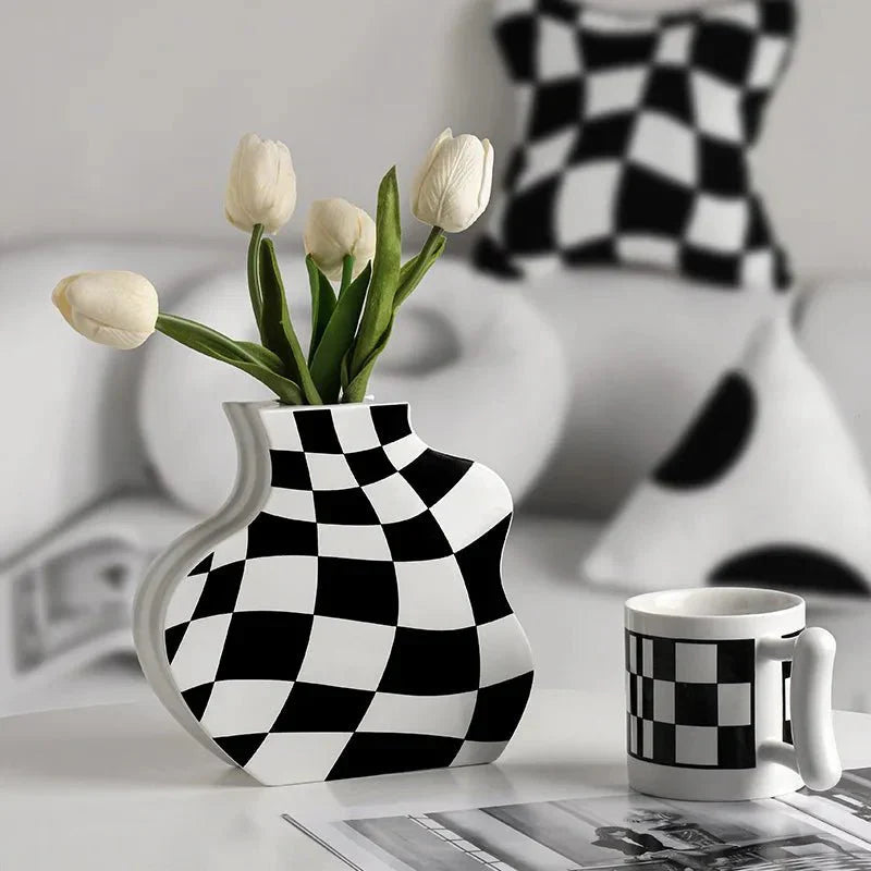 Black and White Ceramic Chequerboard Vase for Modern Decor