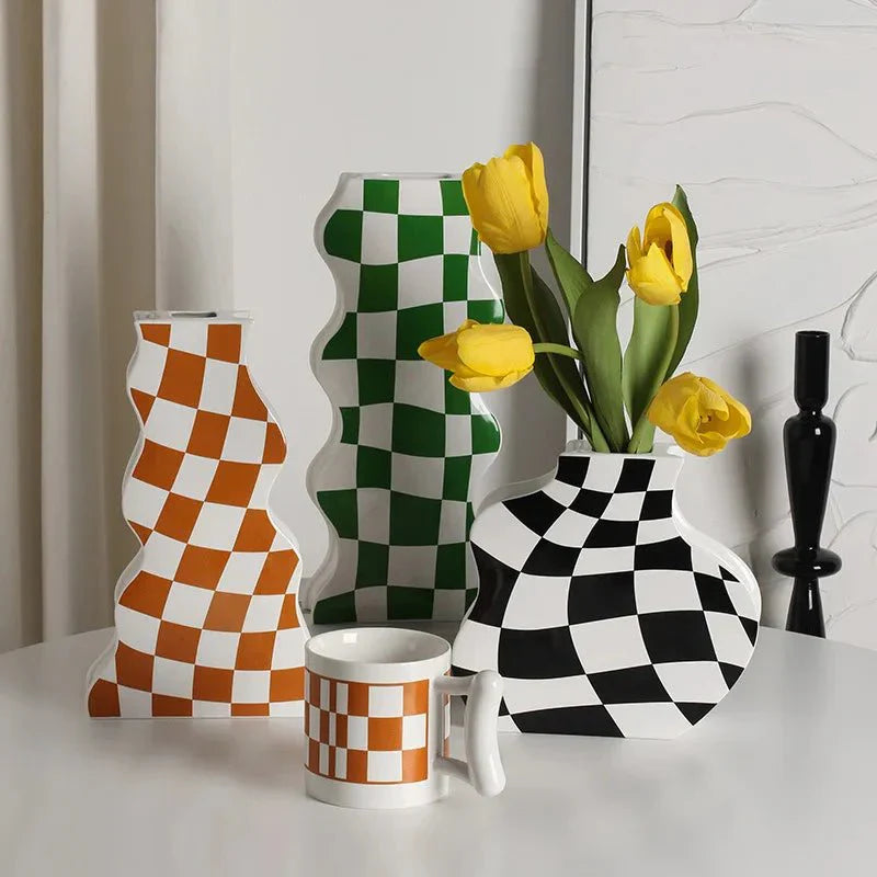 Black and White Ceramic Chequerboard Vase for Modern Decor