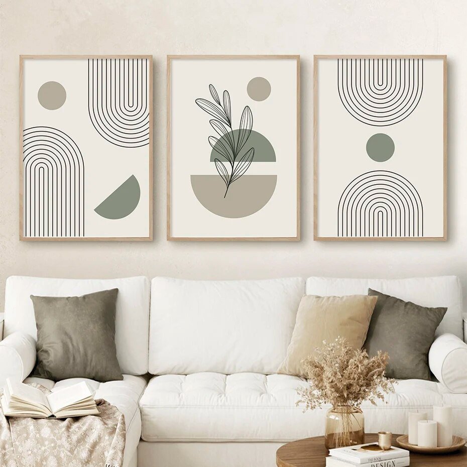 Boho Style Green Leaves Canvas Print Abstract Art Decor